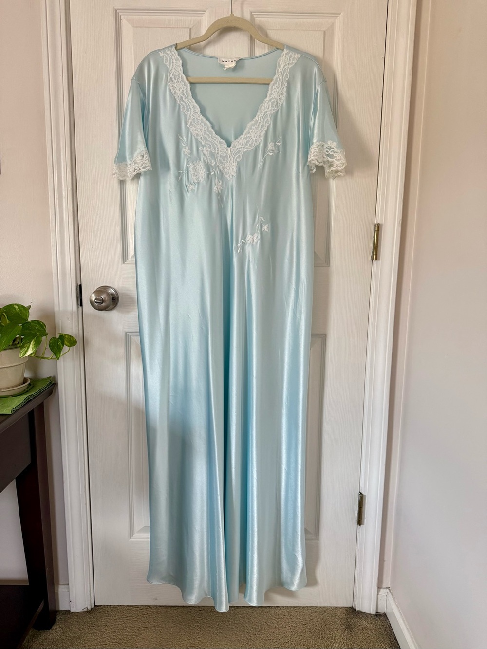 Vintage Natori Blue Nightgown w/ Lace Maxi Gown Loungewear